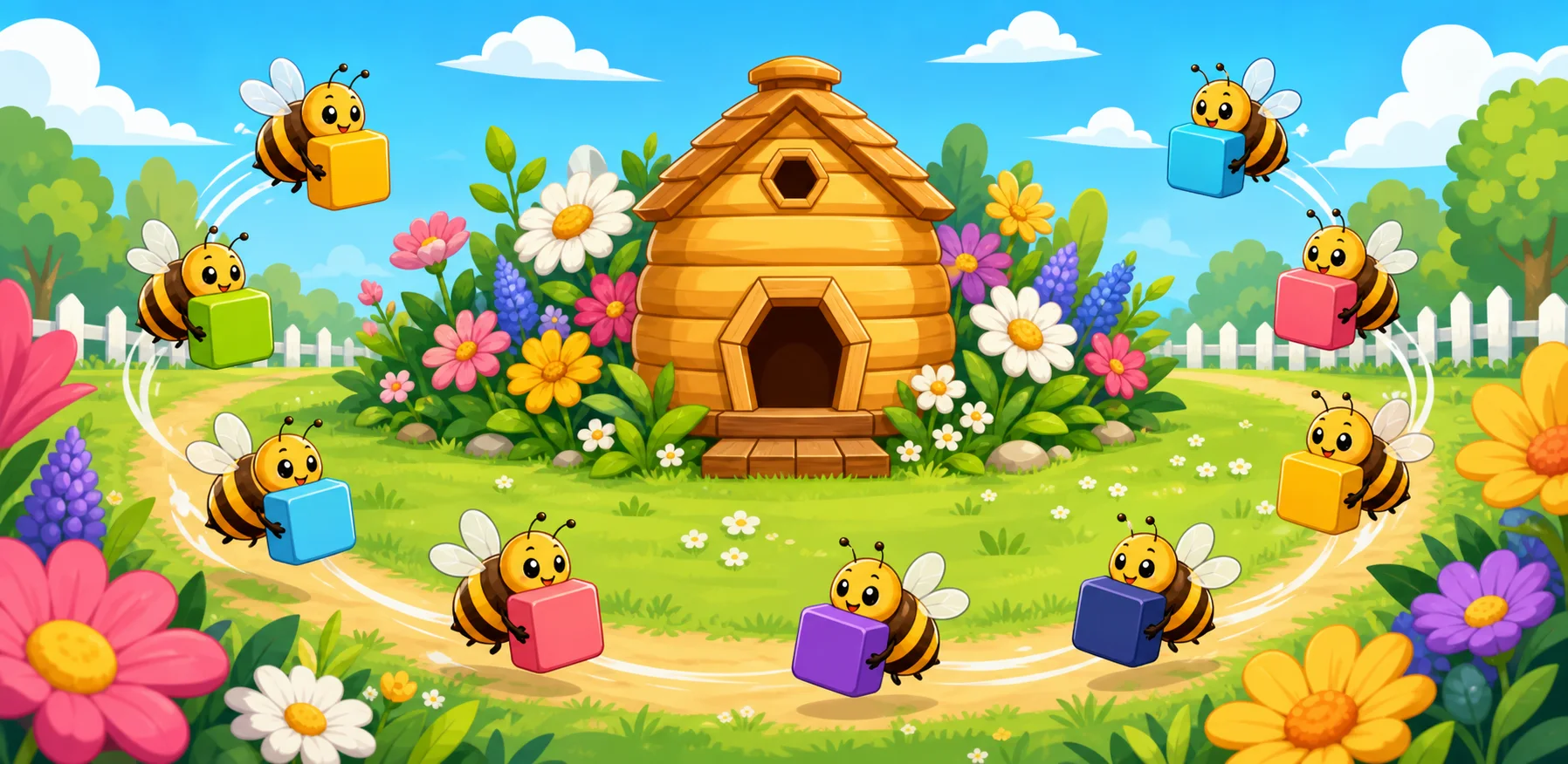 Cheerful bees carrying colourful pollen blocks around a flower-filled hive